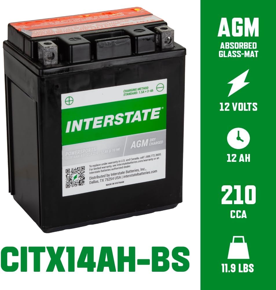 Interstate Batteries YTX14AH-BS 12V 12Ah Powersports Battery 210CCA High-Performance AGM Rechargeable Replacement for Kawasaki, Polaris, Yamaha ATVs, UTVs, Snowmobiles, Motorcycles (CITX14AH-BS)