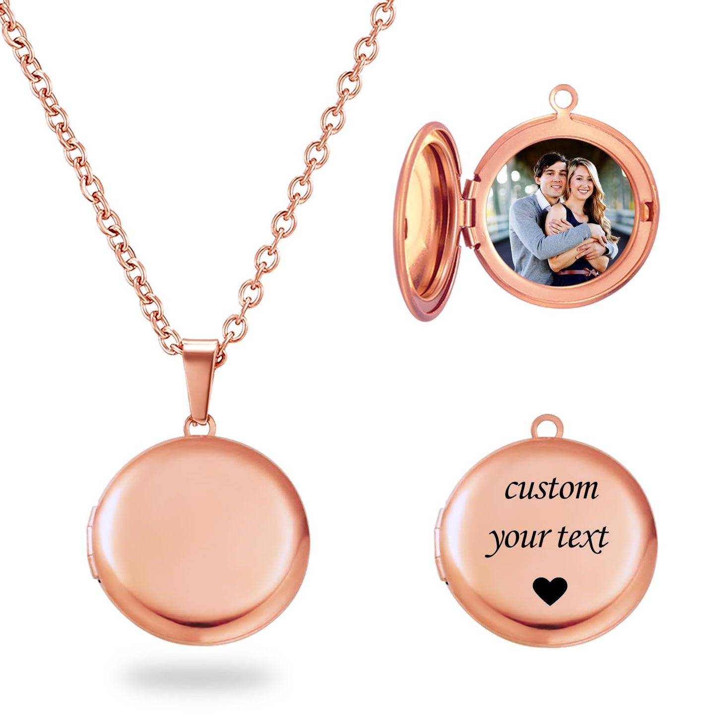 Rose Gold Glossy Round Locket Necklace Personalized Necklaces for Women Custom Lockets with Picture Inside Customized Texts Engraved Gifts for Mom Daughter