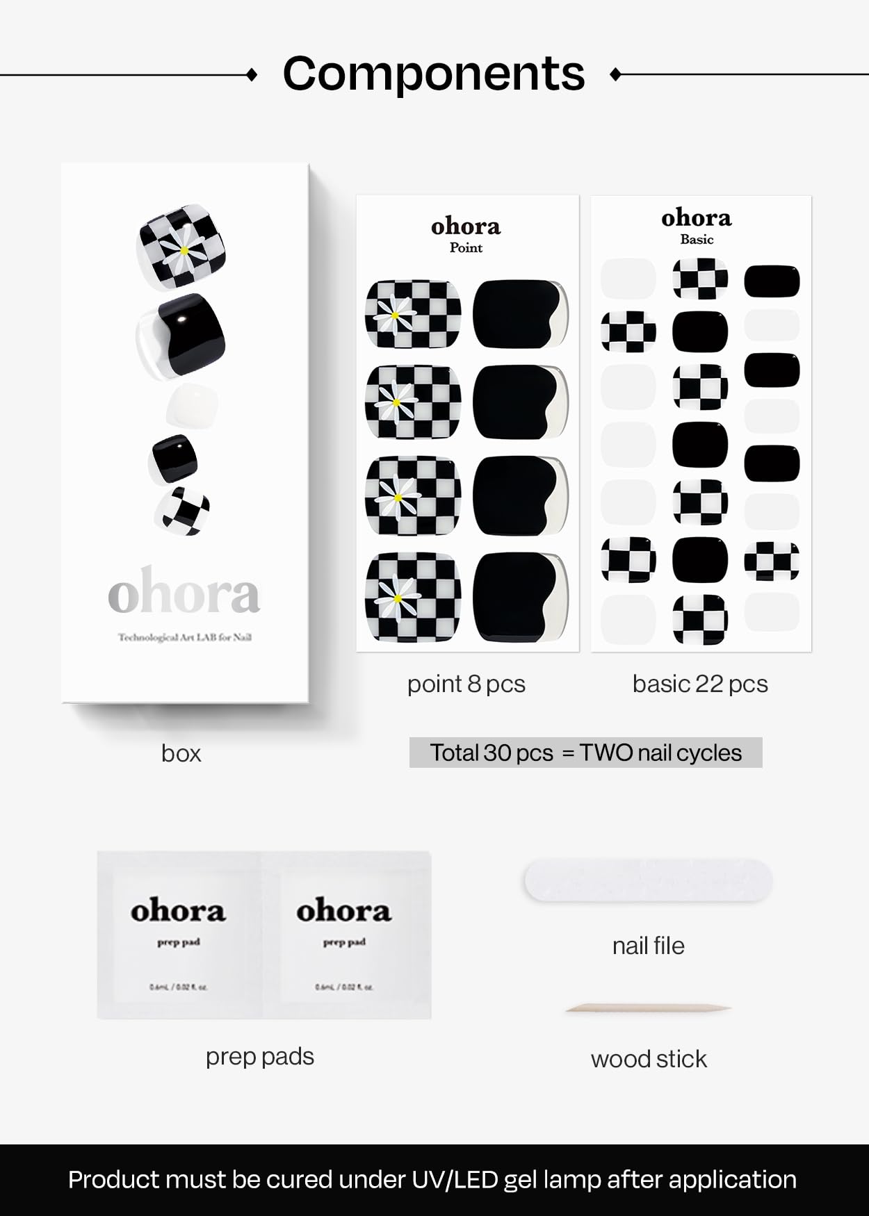 ohora Semi Cured Gel Pedi Strips (P Checkmate) - Black/White Works with Any UV/LED Lamps, Salon-Quality, Long Lasting, Easy to Apply & Remove - Includes 2 Prep Pads, Nail File & Wooden Stick