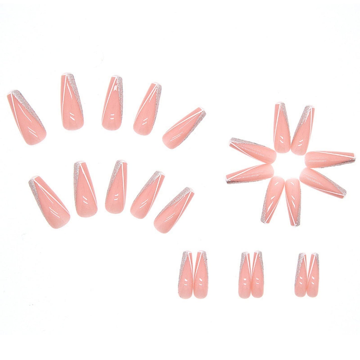 MISUD Press on Nails - Long Coffin Fake Nails with Pink, Acrylic Bling Glitter Design 24 pcs