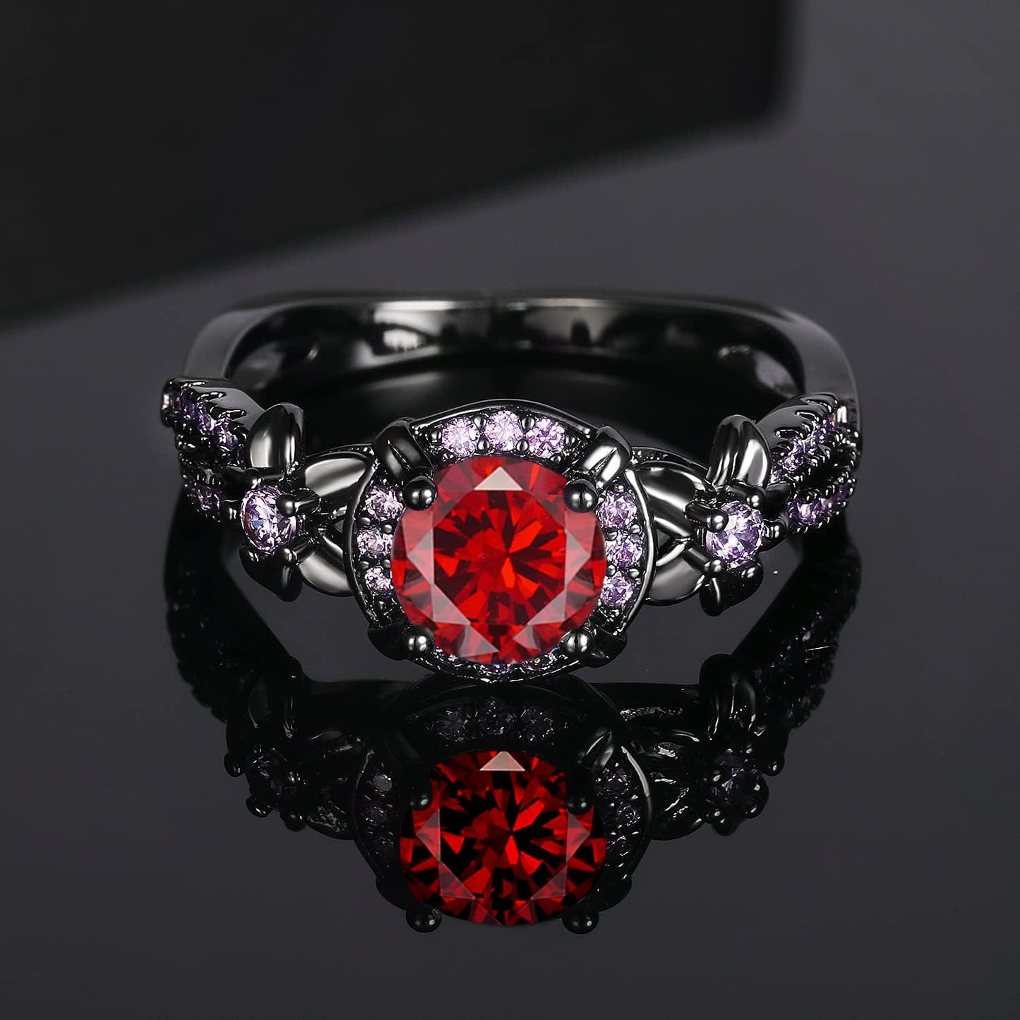 Vintage Black Gold Plated Ring with Created Garnet Gemstone, Purple CZ Accents, Wedding Engagement Band, Sizes 5-10 (7)