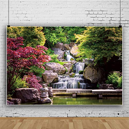 12x8ft Japan Garden Landscape Backdrop Retro Style Park View Photography Background Waterfall Maple Trees Bridge Kyoto Garden Travel Children Adult Portrait Photo Studio Props Wallpaper - size: 12x8ft