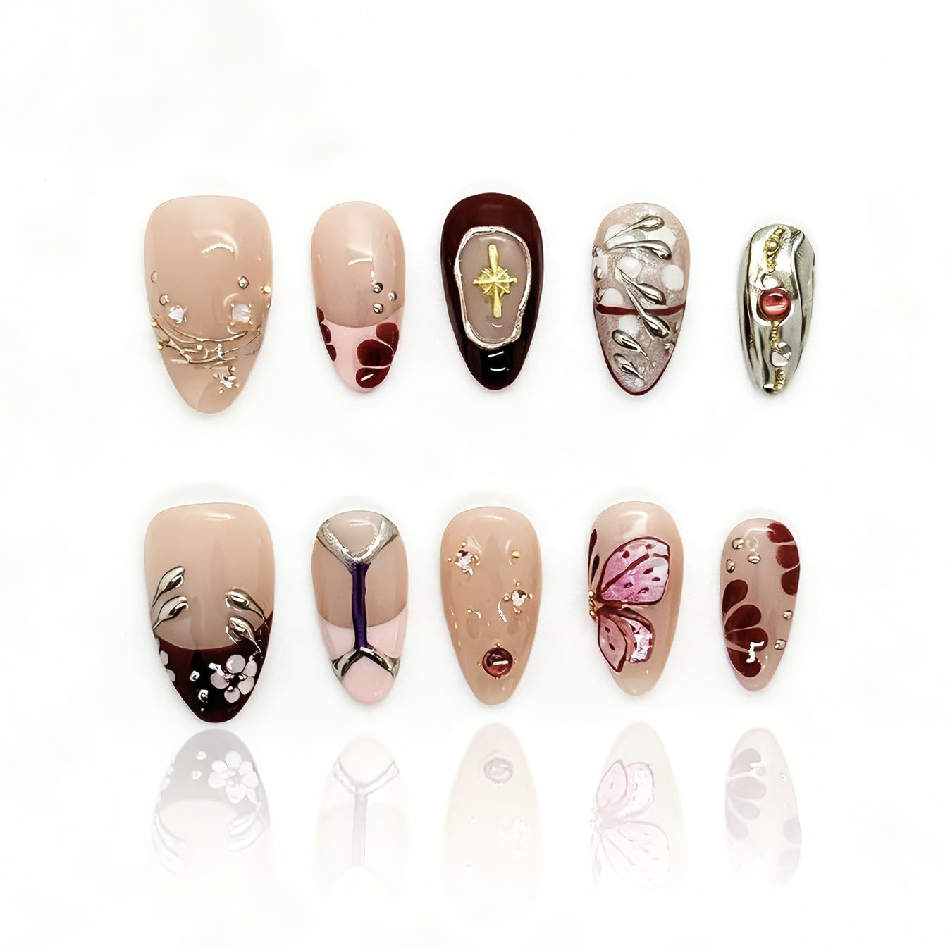 Reusable Press On Nails for Women & Girls - Short Almond Shape, Green Gradient with 3D Hand-Sculpted Florals, Holiday Party Manicure (D-Crimson Short, S)