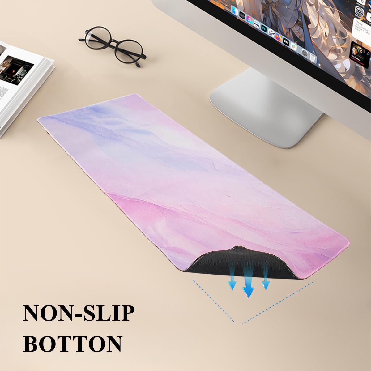 Gaming Desk Mat with Keyboard Wrist Rest Set, 4 in 1 Large Mouse Pad & Cloud Keyboard Wrist Rest& Mouse Wrist Rest&Coaster, Comfort and Support for Typing and Gaming(Purple Gradient)