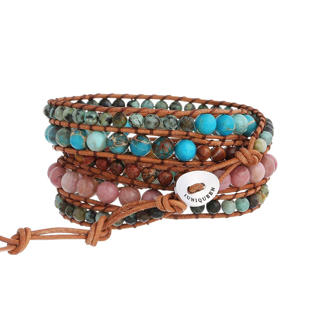 Plumiss Women Boho 5 Wraps Bracelet Natural Rhodonite Picasso Jasper Turquoise Stone Strand Bracelet Jewlery