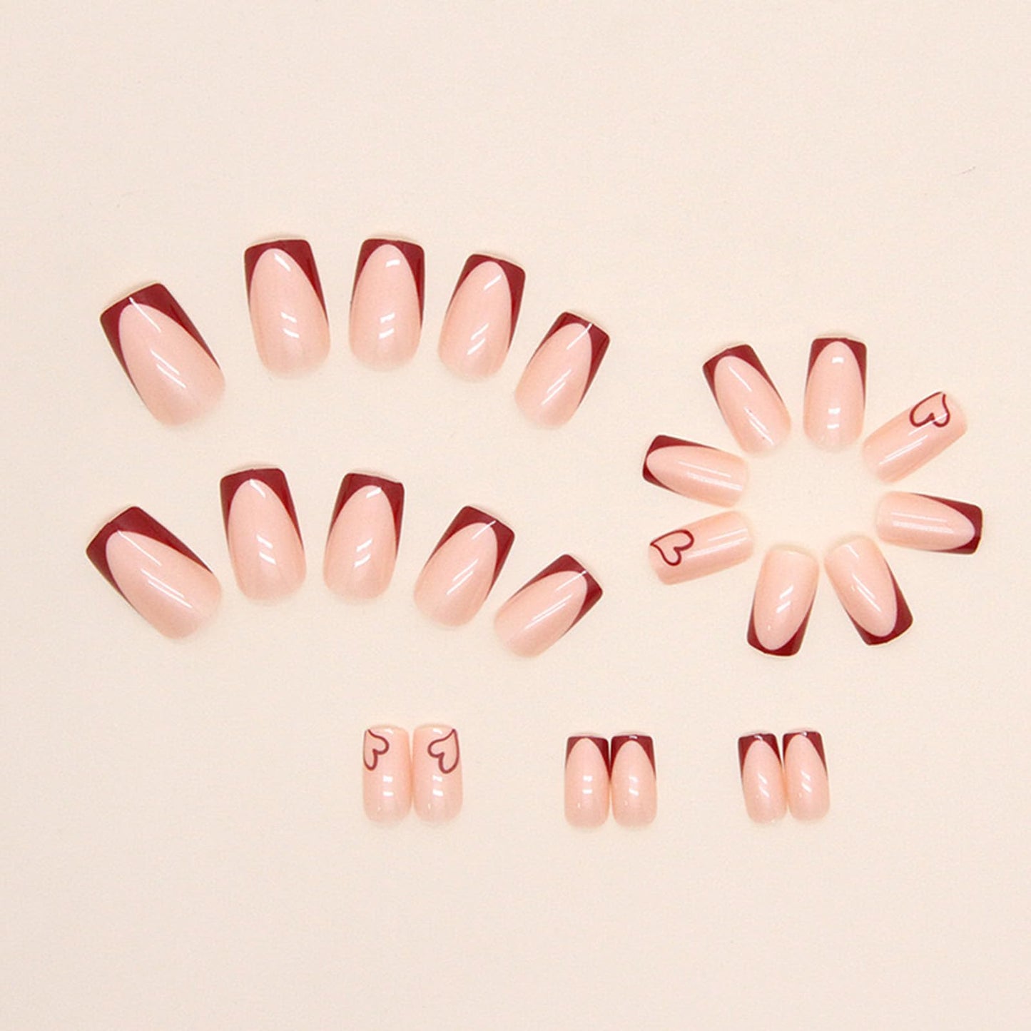 Red French Tip Press On Nails - Heart Shaped, Medium Square, Glossy False Nails - Nude Full Cover Acrylic - 24 Pcs