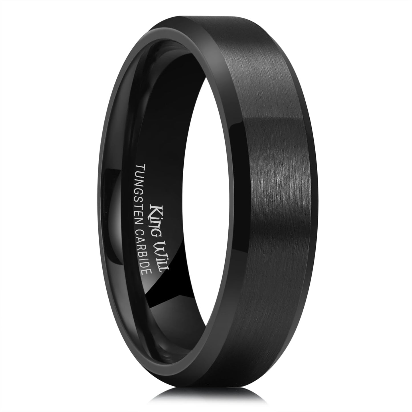 King Will 6mm Men's Black Wedding Ring - Brushed Matte Surface, Beveled Polished Edge, Comfort Fit Size 8