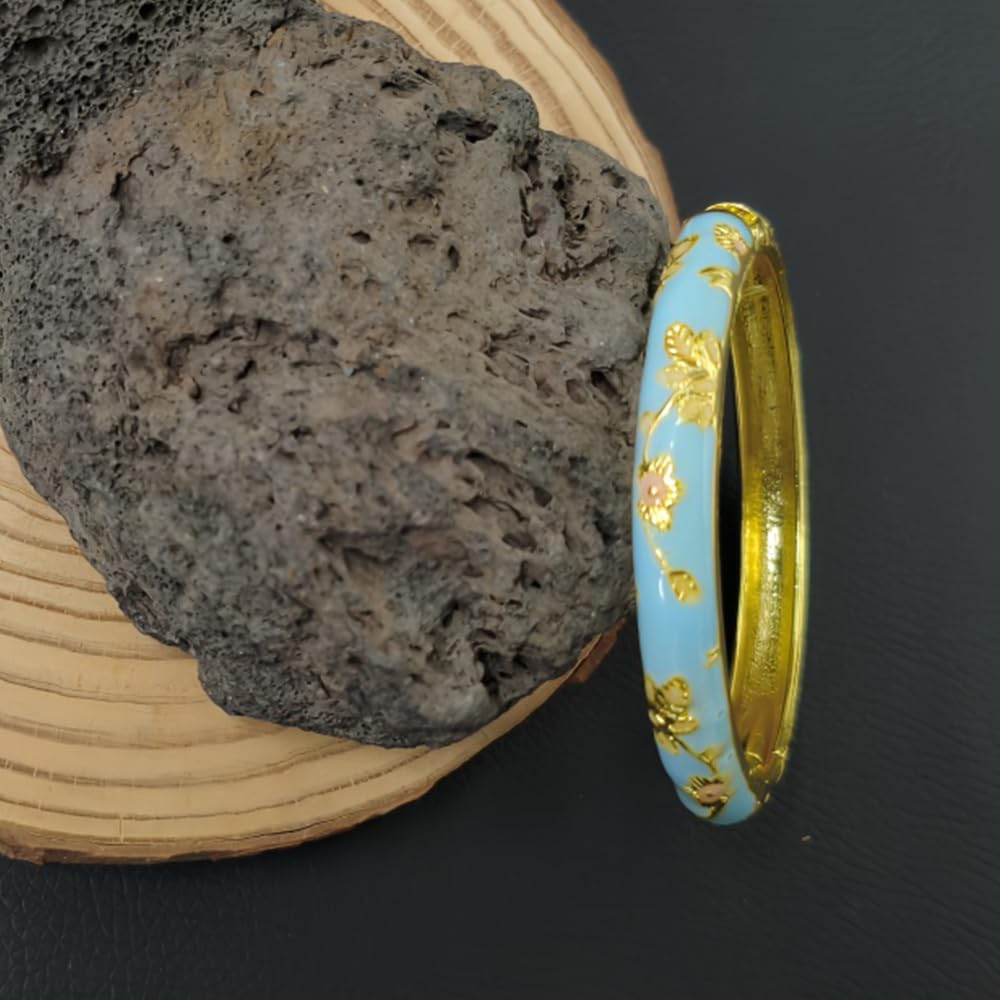 Cloisonne Bracelet For Women, Chunky Bangle Trendy Cute Flower Enamel Bangles Multi Tone Engraved Cuff Gold Plated Bracelets Stackable Wife Jewelry Friendship Gift (Blue, One Size)