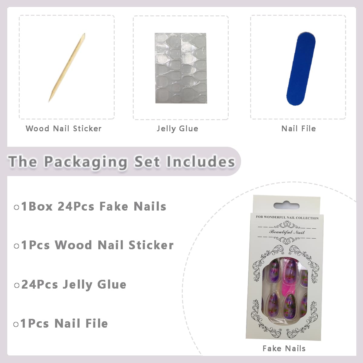 PODUOJIEYI 24Pcs Almond Press-On False Nails with Pink Lotus Flower Design, Glossy Purple Gradient Acrylic Artificial Nails for Women Manicure Salon
