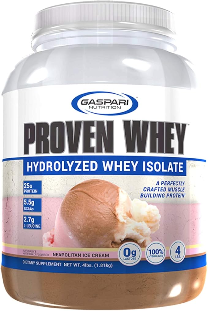 Gaspari Nutrition Proven Whey, 100% Hydrolyzed Whey Isolate, High Protein, Lactose Free, Low Carbohydrate and Low Sugar (4lb, Neapolitan Ice Cream)