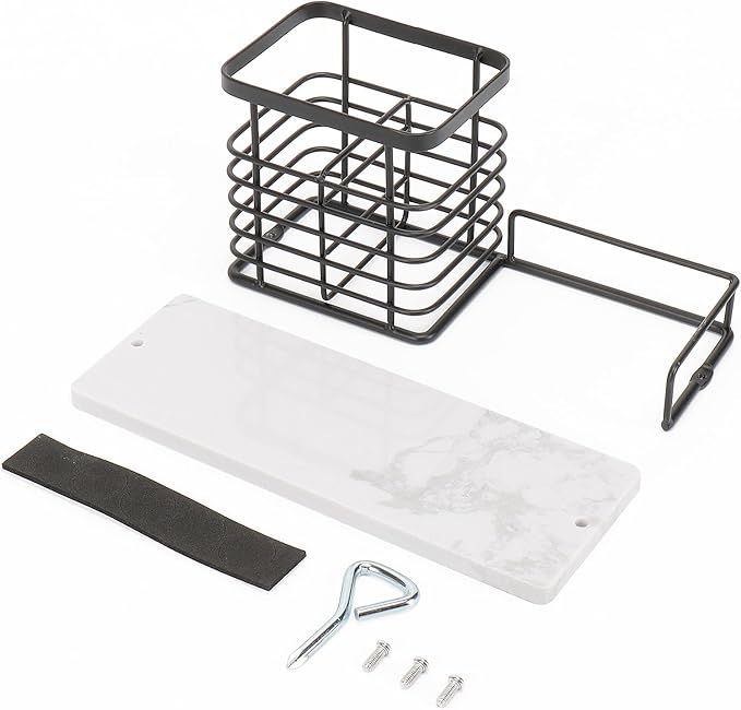 HarJue Toothbrush Holder, Luxurious Metal Toothbrush Toothpaste Holder with Marble Base for Bathroom, Multi-Slots Openwork Design, Bathroom Accessory for Storage and Organizer (Large, Matte Black)