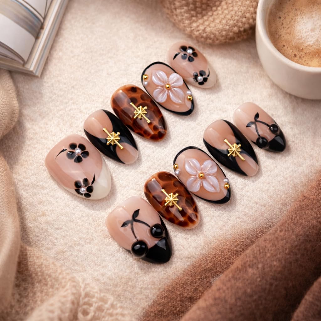IntoVibes 10 Pieces Handmade Short Almond Press On Nails, Black Thickened False Nails, 3D Cherries And Flowers, Reusable Fake Nails Almond, Reusable Acrylic Nails (M)