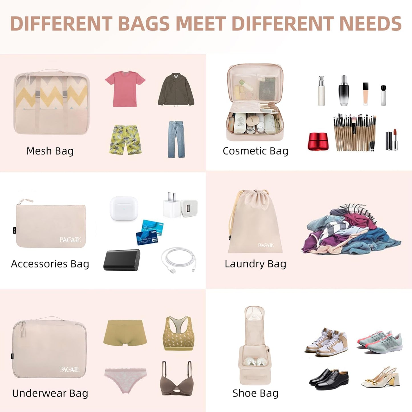 BAGAIL 8 Set Packing Cubes Luggage Packing Organizers for Travel Accessories-Cream