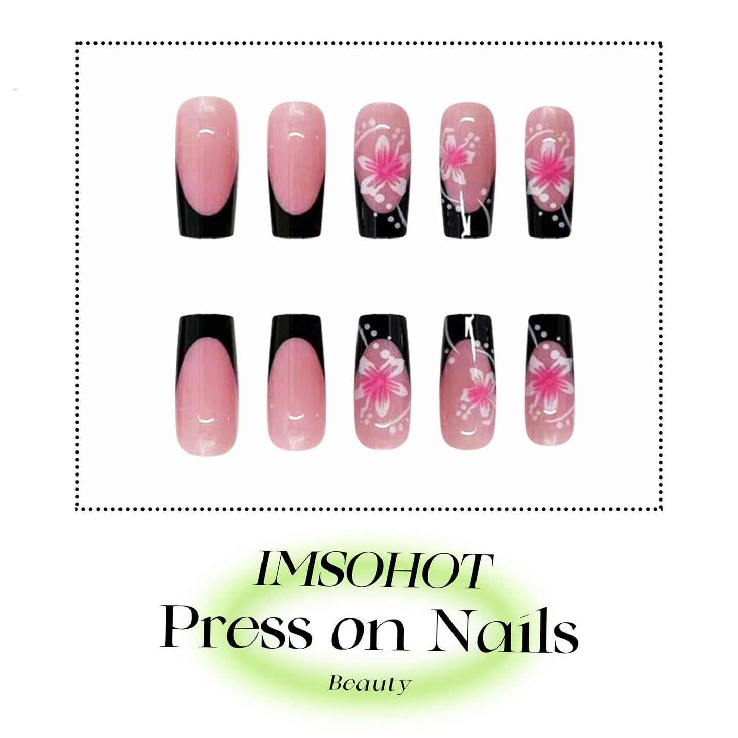 IMSOHOT Medium Press on Nails Square Black French Tips Fake Nails Artificial Full Cover Pink Flower False Nails Reusable Gel Nail Kit Glossy Glue on Nails for Women Girls 24Pcs, Purple