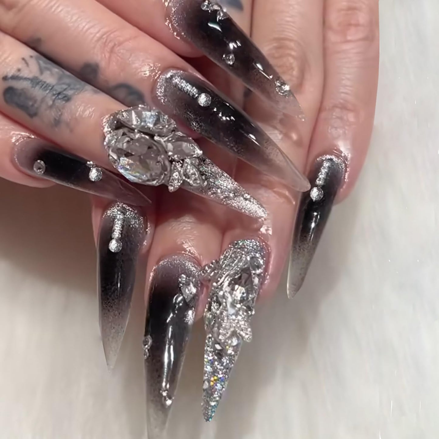 CJDLTS Almond Tip Press on Nails Long Length Glitter Diamond Design Black Gradient Acrylic False Nail Full Cover Artificial Stick on Nail 24Pcs Reusable Press Ons Glue on Nails for Women