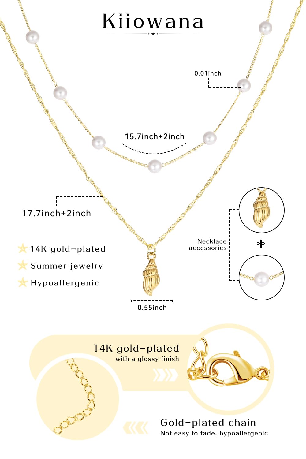 Beach Layered Starfish Necklace for Women, 14K Gold Plated Shell Conch Seashell & Pearl Charm Pendant, Dainty Coastal Summer Vacation Jewelry