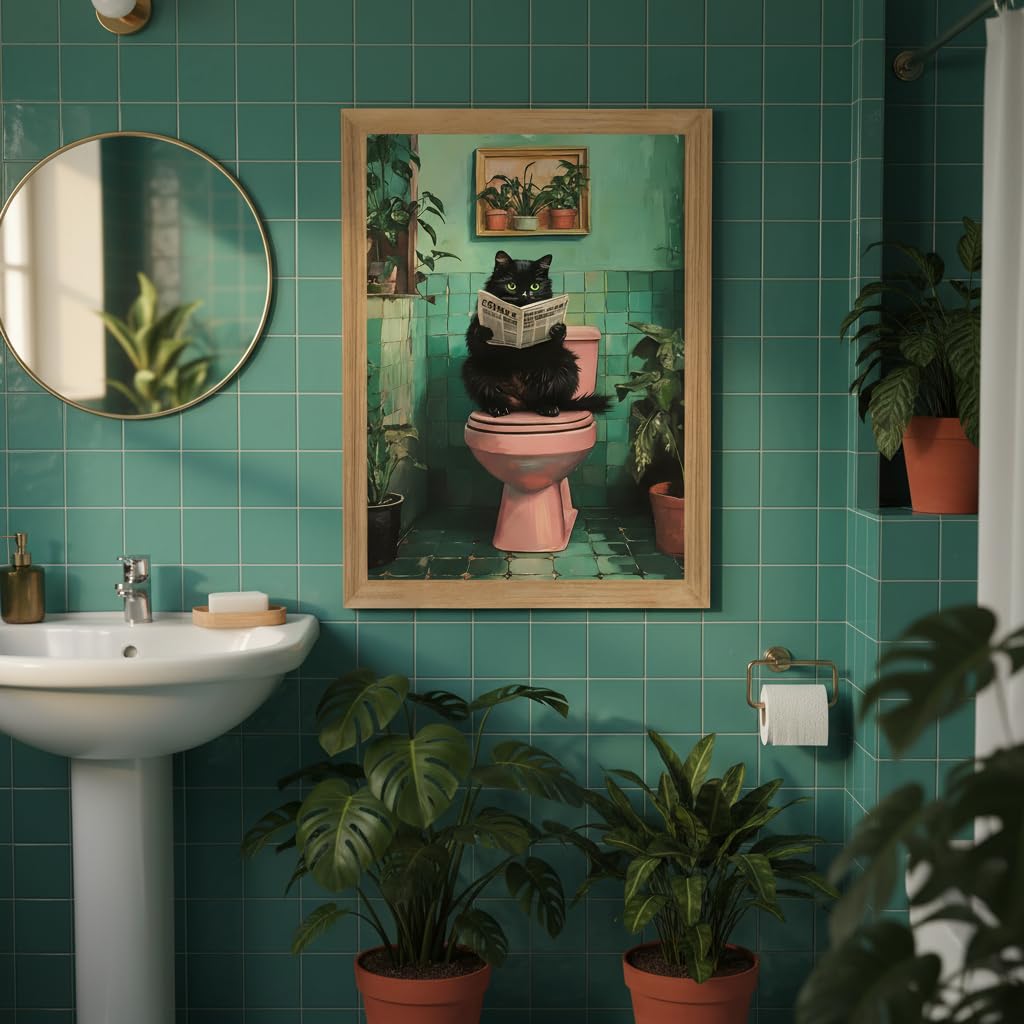 Funny Bathroom Wall Art Black Cat on Toilet Reading Newspaper, Humorous Cat Bathroom Decor Canvas Print, Quirky Animal Restroom Wall Decor Framed Artwork for Bathroom Home 8x10 Inch
