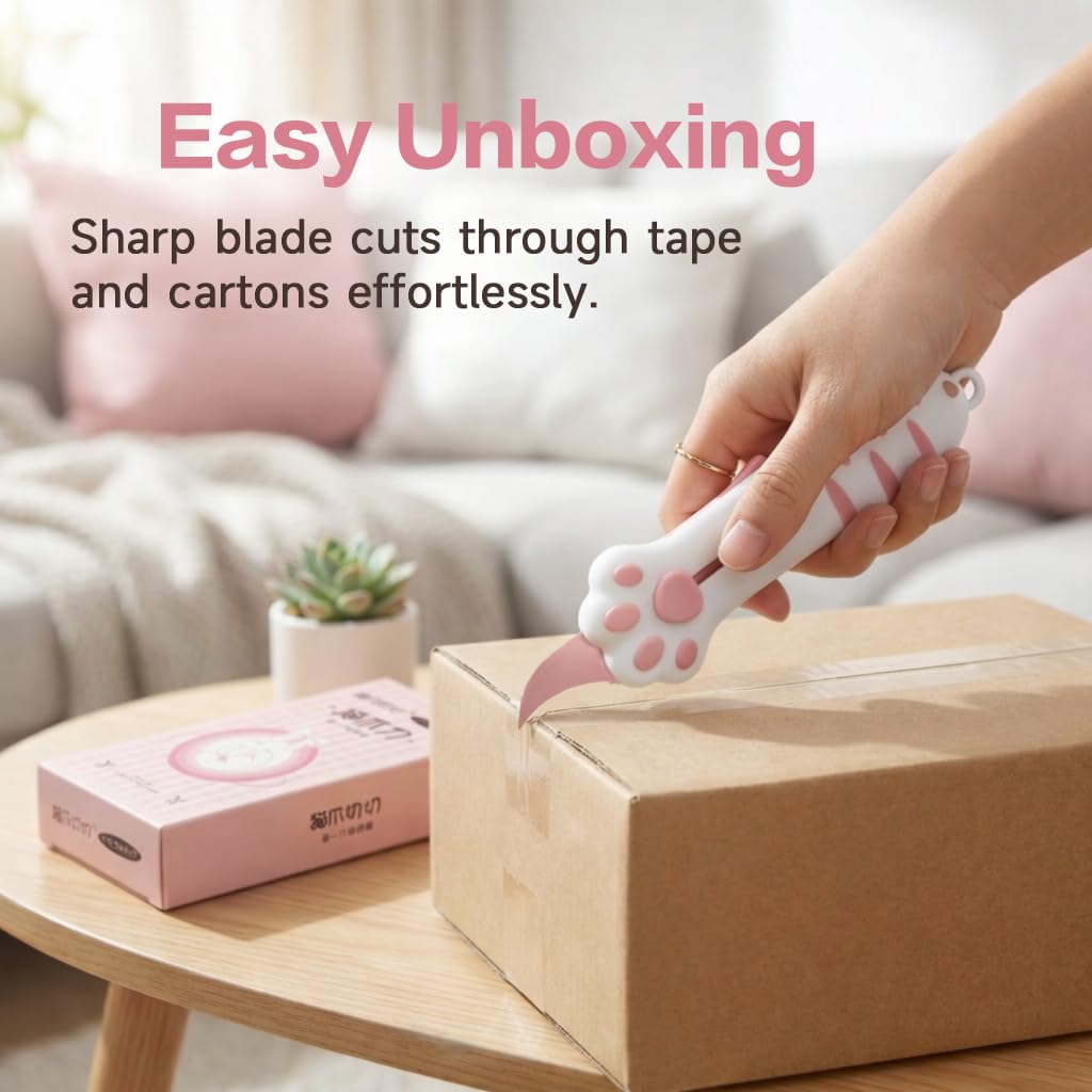 Cat Paw Box Cutter 2026 Retractable Cat Box Cutter with Cute Paw-Shaped Handle, Cat Box Paper Cutter Multifunctional Utility Knife for Effortlessly Opening Boxes, Cartons (PINK)