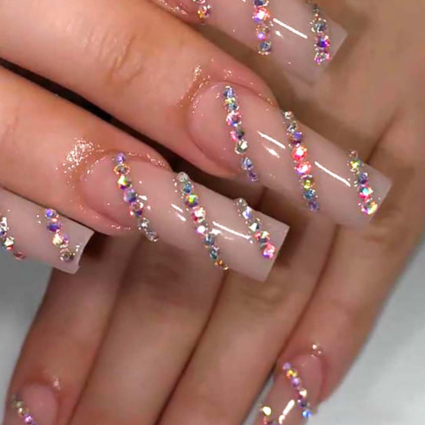 Gifiky Long Coffin Press on Nails Glitter Fake Nails Full Cover Nails Tips Nude Crystal Gem Design False Nails for Women and Girls 24Pcs