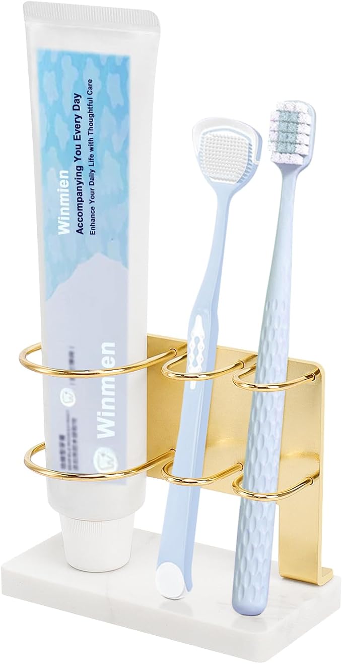 Toothbrush Holder for Bathroom Counter, Metal Toothbrush and Toothpaste Holder Stand with Marble Base for Bath Organizer Countertop, 3 Slots (Gold)