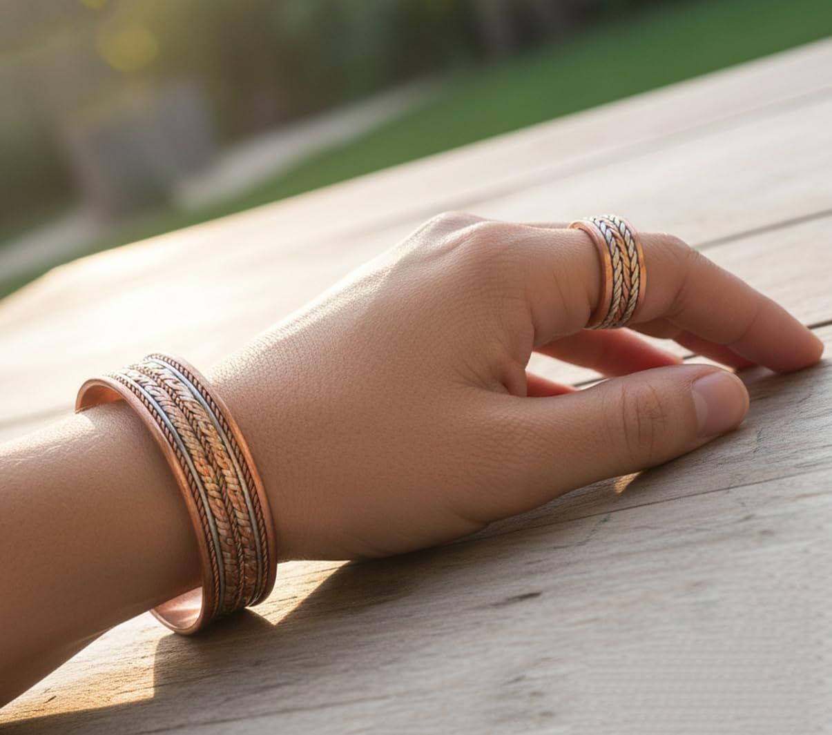 Touchstone Copper Magnetic Hand Forged With Solid And High Gauge Spiral Wire Braided Minimalistic Elegance Pure Copper Bracelet And Matching Ring In Triple Tones.