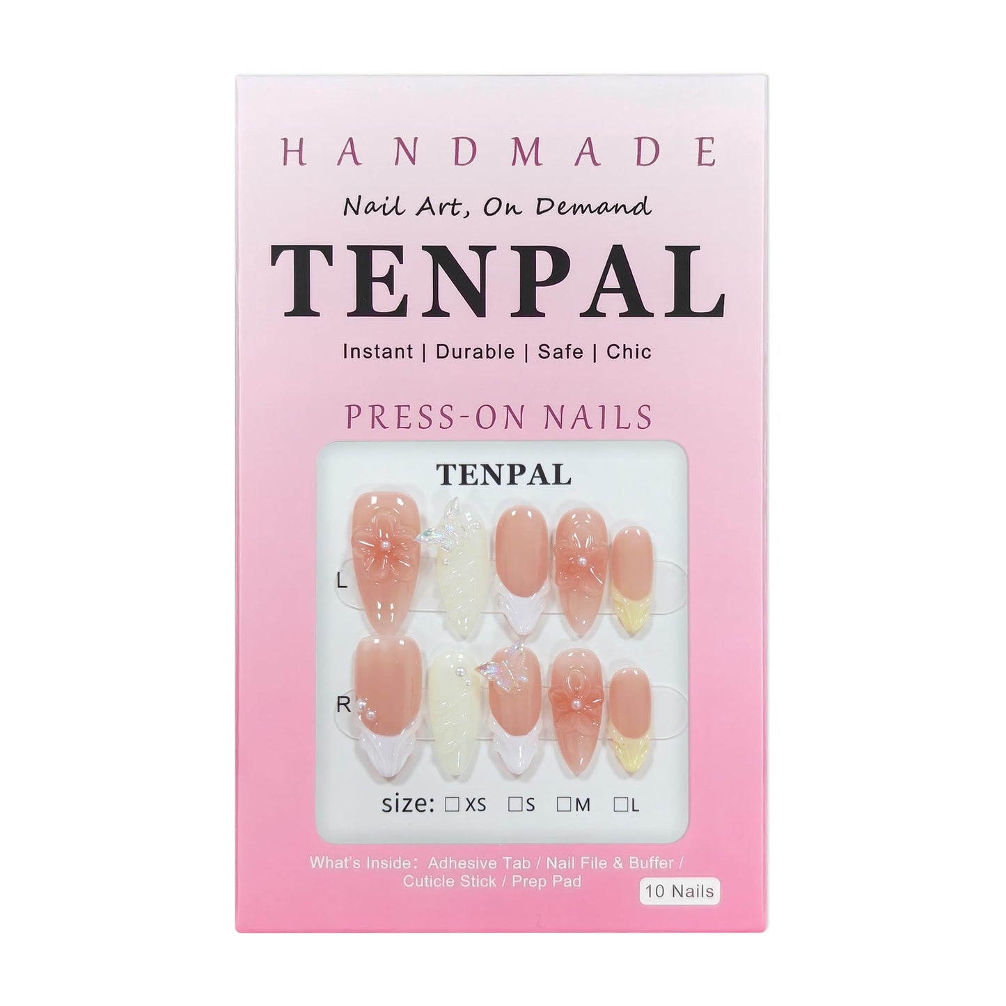 TENPAL Handmade Warm Yellow Blush French Tips Press on Nails Medium Almond with 3D Butterfly & Wave,Handmade & Reusable, Sheer Flattering False Nails for Everyday Summer Wear(M)