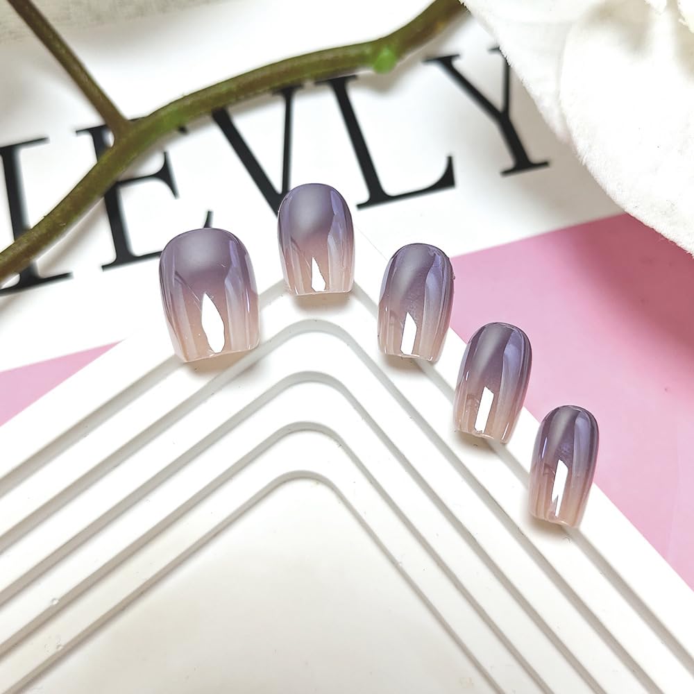 30Pcs Square Press on Nails Chrome Fake Nails Purple Ombre False Nails Glossy Shiny Glue on Nail Press ons Medium Gradient Acrylic Nails for Women Nail Decoration 24Pcs