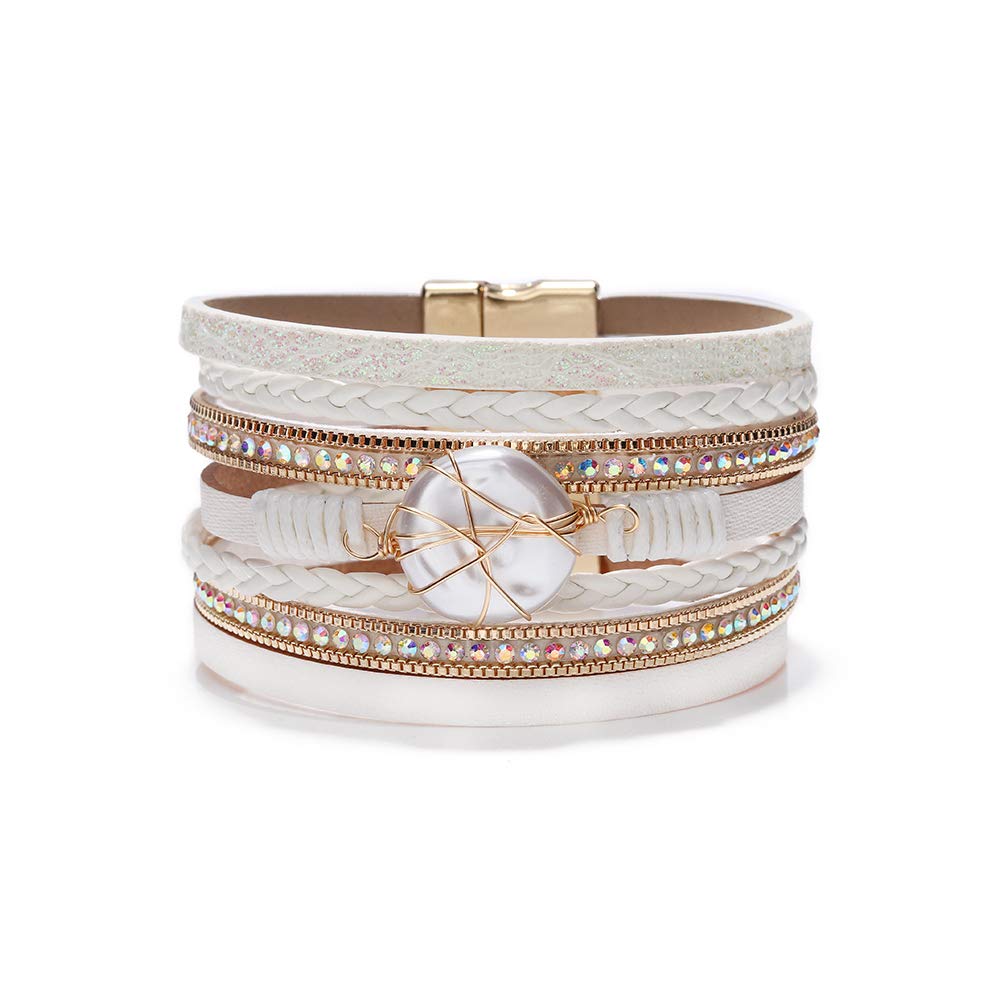 Leopard Bracelet for Women, Boho Leather Wrap Multi-Layer Pearl Crystal Bracelet Bangle Jewelry(Round Pearl(White))
