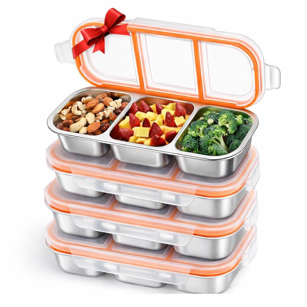 FLEXARO Set of 3 Pack Stainless Steel Snack Container,3 Compartment Bento Lunch Box with Leakproof Grey & Orange Lid,Reusable Metal Food Storage Container,Portable Snack Box for Work,1.5 lb Capacity