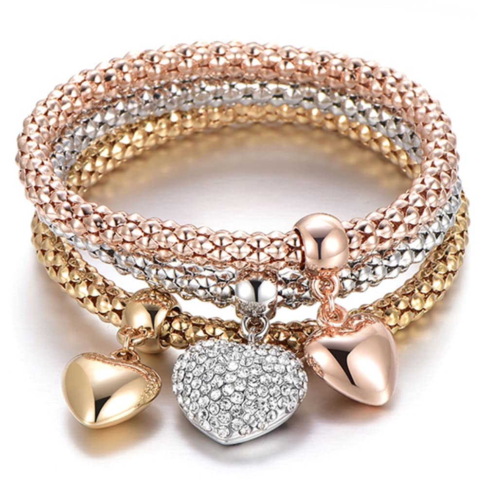 SILANER Crystal Charms Multilayer Bracelets - 3PCS Gold/Silver/Rose Gold Corn Chain Bracelet for Women, Tree of Life Heart Shaped Stretch Bracelet (12 PCS)