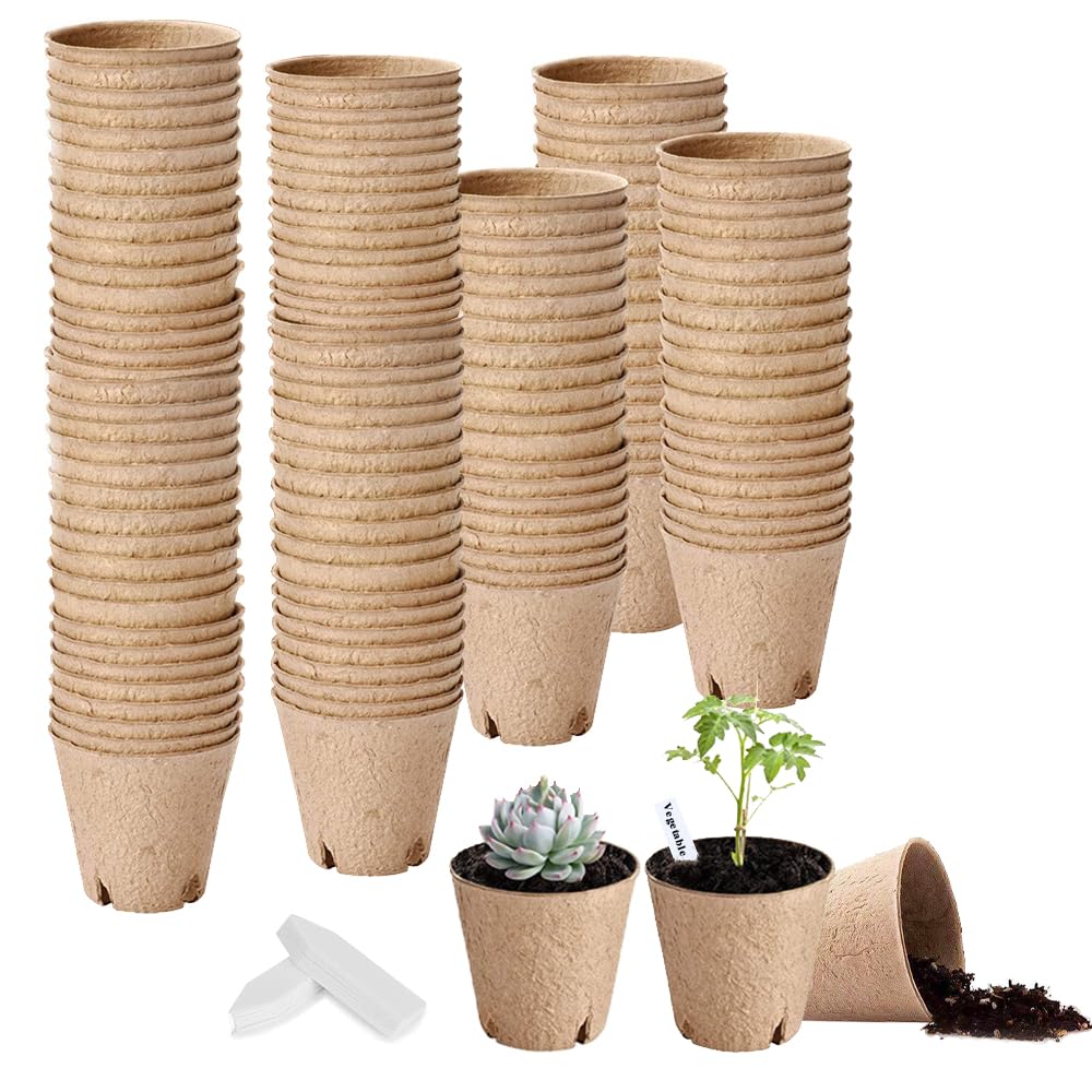 Fancypost 130 Pcs 3.15 Inch Organic Peat Pots with Drainage Holes - Biodegradable Seed Starter Pots for Seedlings, Plants & Garden Germination - Includes 130 Planting Labels