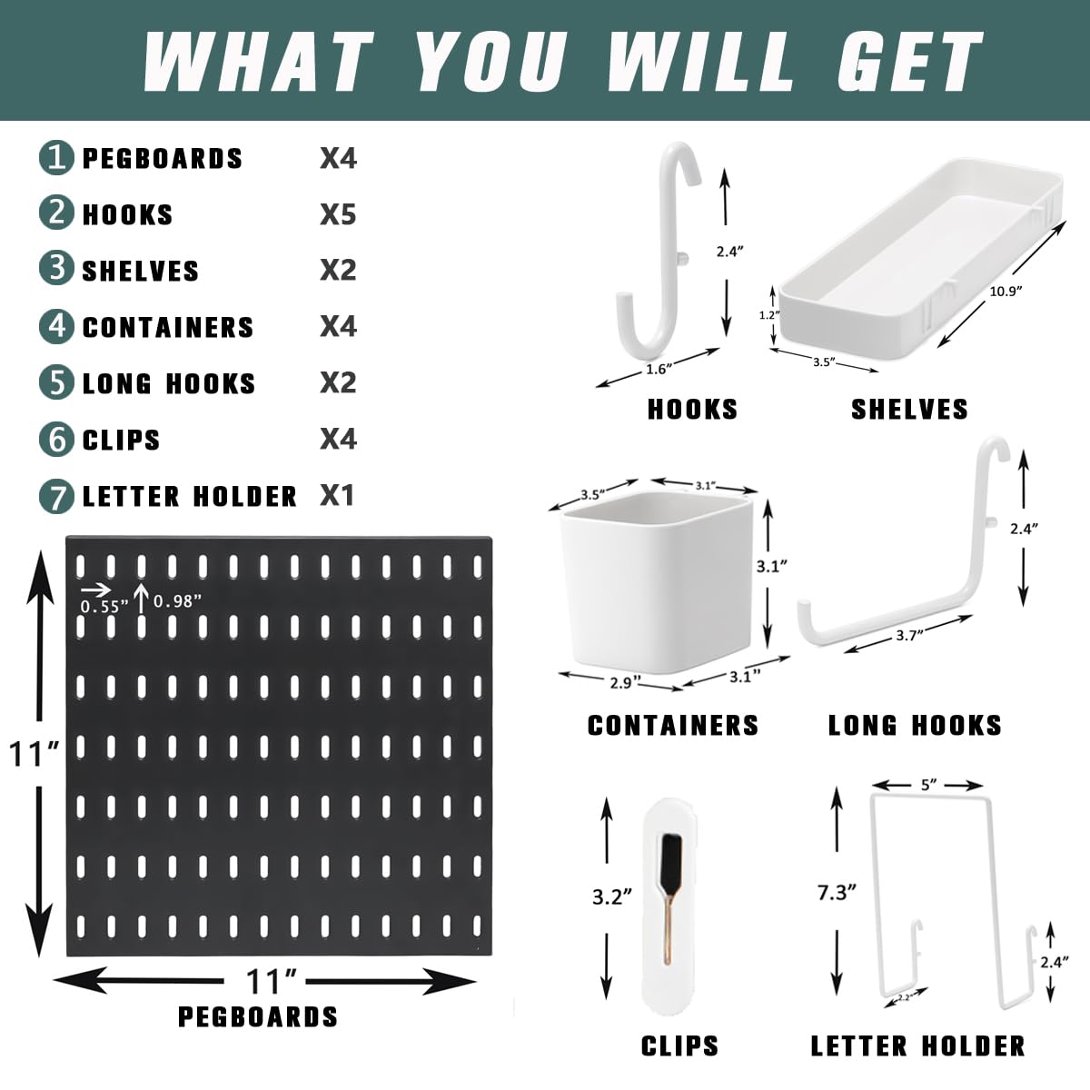 RIVTUN Pegboard Combination Kit for Wall Organizer, Wall Mounted Peg Board Kits for Kitchen, Bedroom, Office, &Bathroom, 4 Pieces Black Pegboards and 14 Accessories, 22" x 22"