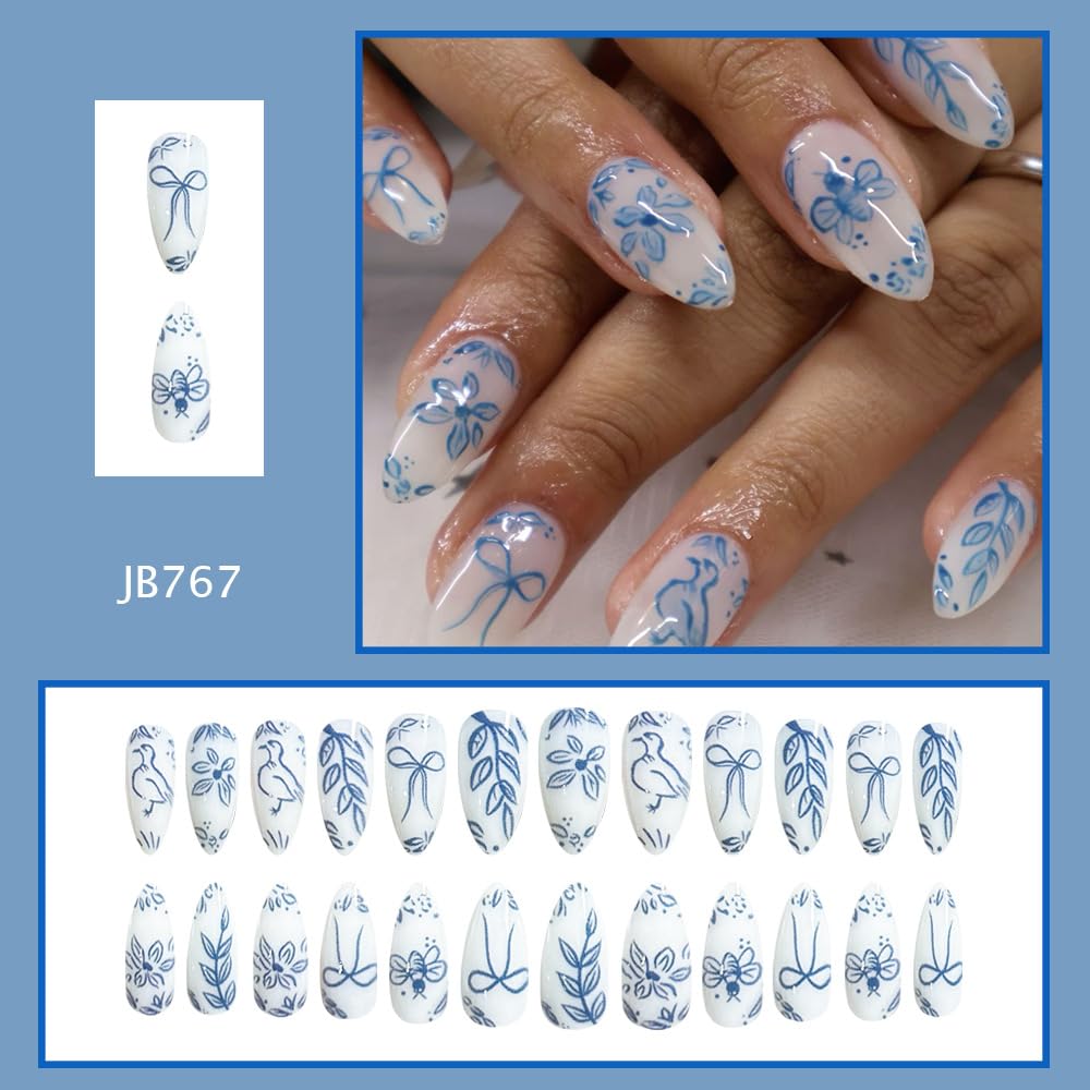Mkwntg 24Pcs Blue Flower Press on Nails Medium Almond Fake Nails Spring White Blue Plants Acrylic False Nails Cute Bow Nude Full Cover Glue on Nails White Porcelain Glossy Stick on Nails for Women
