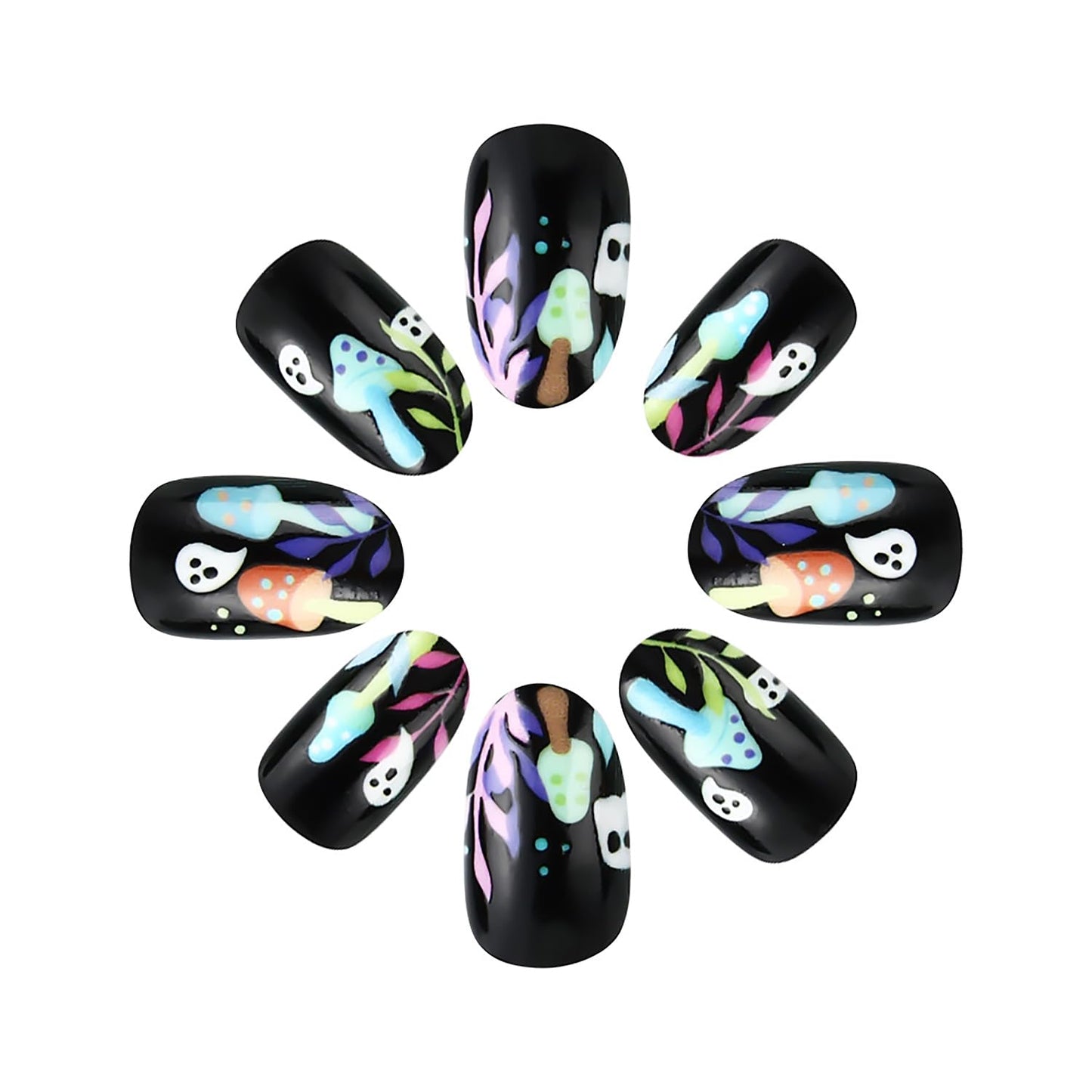 Ghost Press on Nails Halloween Short Fake Nails Mushroom Square False Nail Matte Full Cover Stick on Nails Black Halloween False Nail Acrylic Press on Nail Reusable Nail for Women 24Pcs