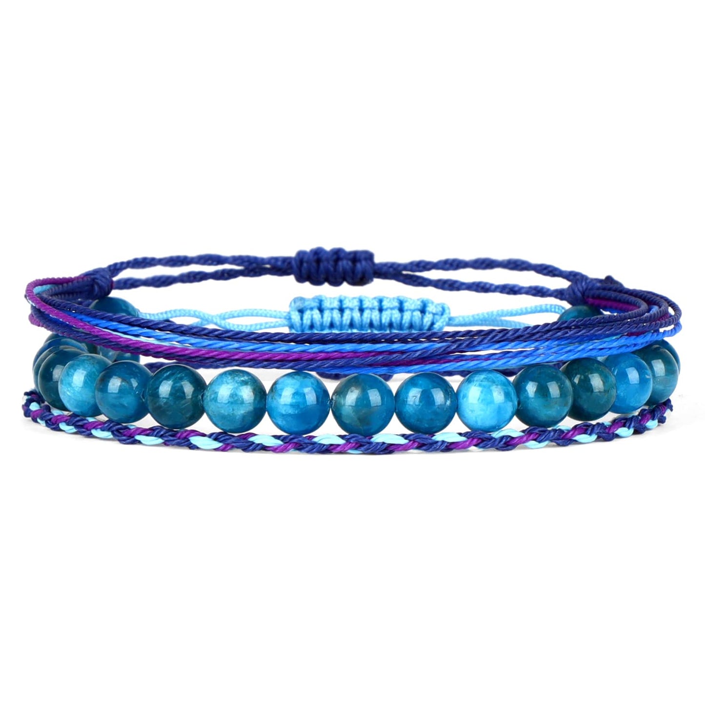 QOGIR Handmade Healing Bracelets,8mm Natural Blue Apatite Gem Stone Beads Bracelet for Men Women Gifts with 2PCS Size Adjustable Rope Bracelets