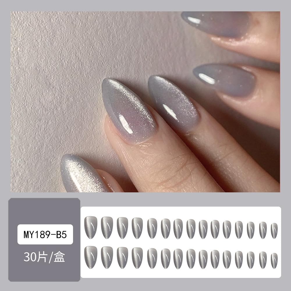 Gray Cat EyePresss on Nails Medium Almond Fake Nails Glossy Shiny Acrylic Nails Glitter Ombre Glue on Nails Solid Color Nails Press ons Short Almond Nails False Nails for Women 24Pcs