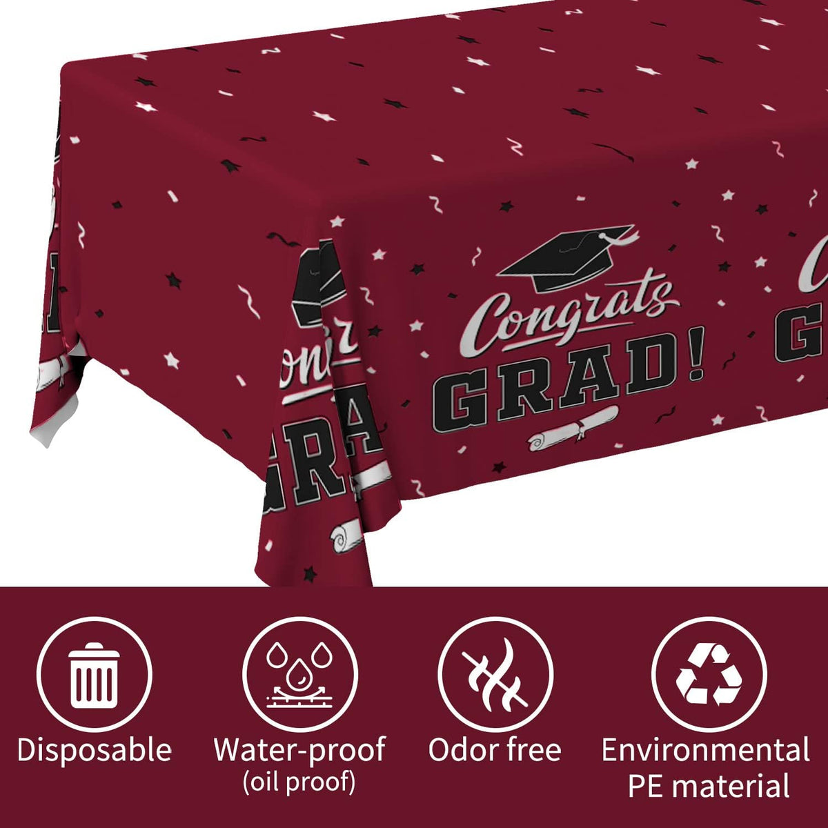 Gatherfun Graduation Tablecloths Graduation Party Table Decorations Waterproof Plastic Rectangular Disposable Table Cover for Congrats Grad Party Supplies 3PCS 54x108 Inch, Maroon