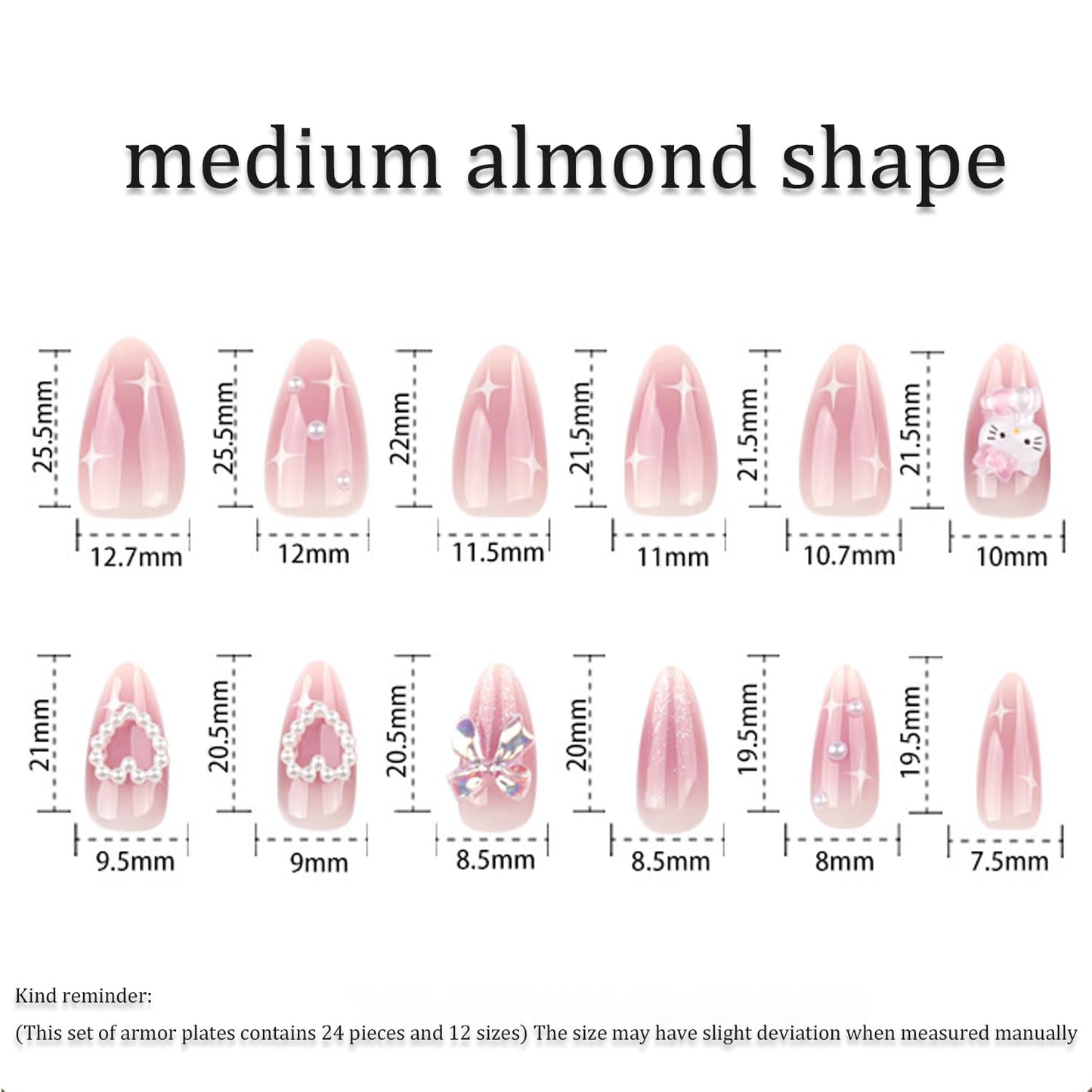 24Pcs Pink Press on Nails Medium Almond Fake Nails Charms Pearl Design French Nails 3D Bow Heart False Nails Tips Cute Star Stick on Nails Full Cover Artificial Acrylic Nails for Women Decor