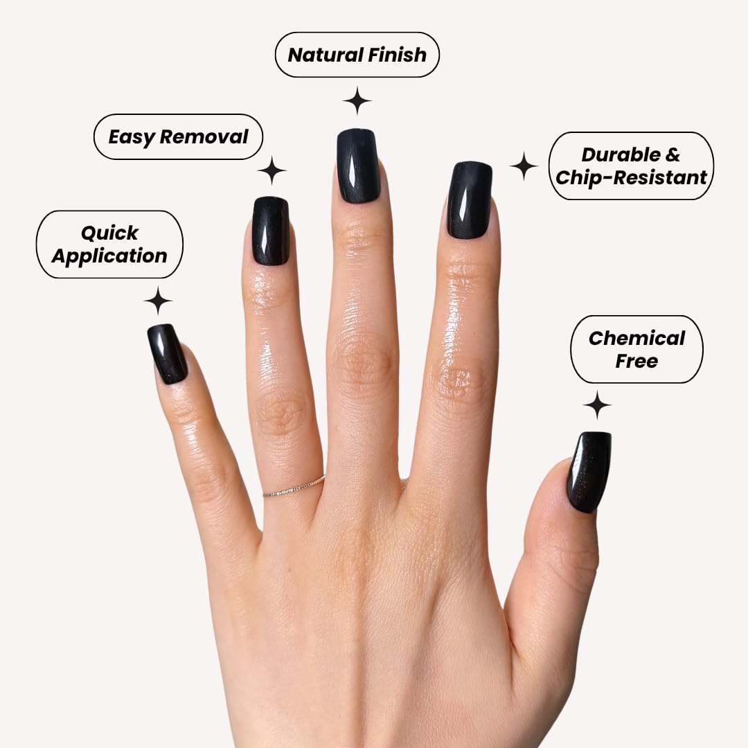 PerfectLook Press On Nails - Midnight Noir | No Glue Short Square Glossy Black Nail Tips for Party & Date Night - 24 Pcs Nail Kit with Adhesive Tabs