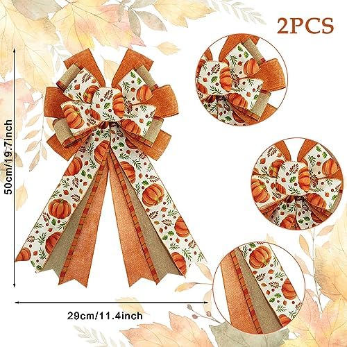 Whaline 2 Pack Fall Wreath Bow Pumpkin Print Burlap Bow Autumn Decorative Tree Topper Ornaments Gift Bows for Thanksgiving Birthday Wedding Party Supplies Indoor Outdoor Home Decor, 19.7 x 11.4 Inch
