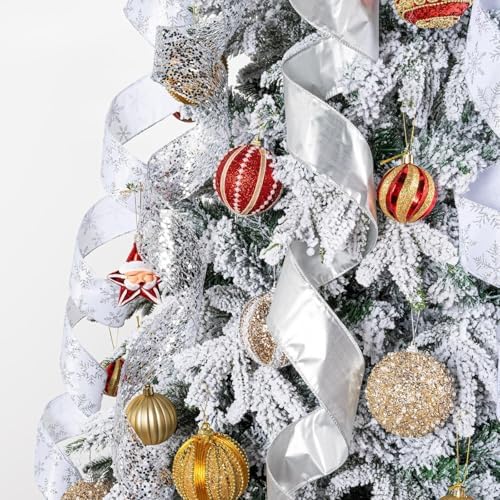 Silver Glitter Christmas Tree Topper Bow 11 Inch with 6 Ribbon Tails 3 Yards Long Wired Ribbon for Holiday Easy Style Party Decoration