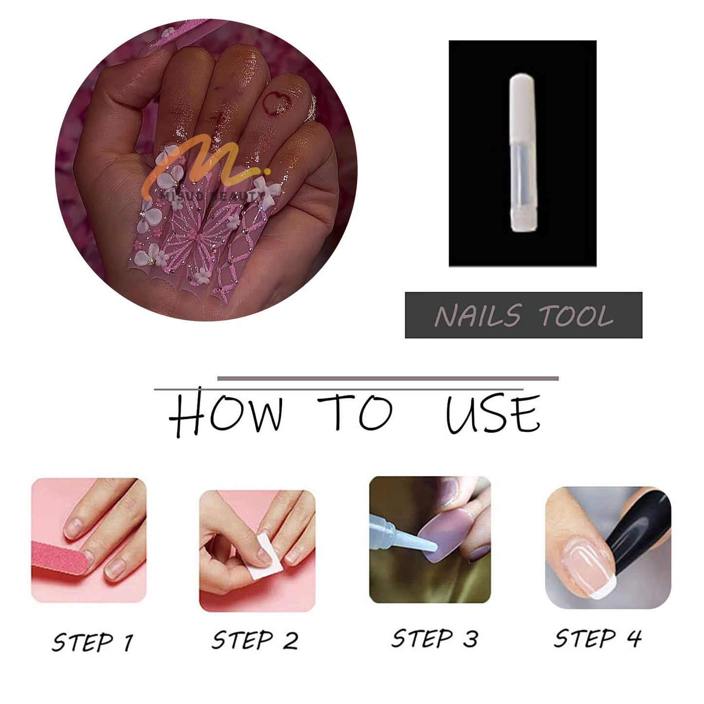 MISUD Press on Nails - Long Square Fake Nails with Pink French Tip, Acrylic Flower Butterfly Design 24 pcs