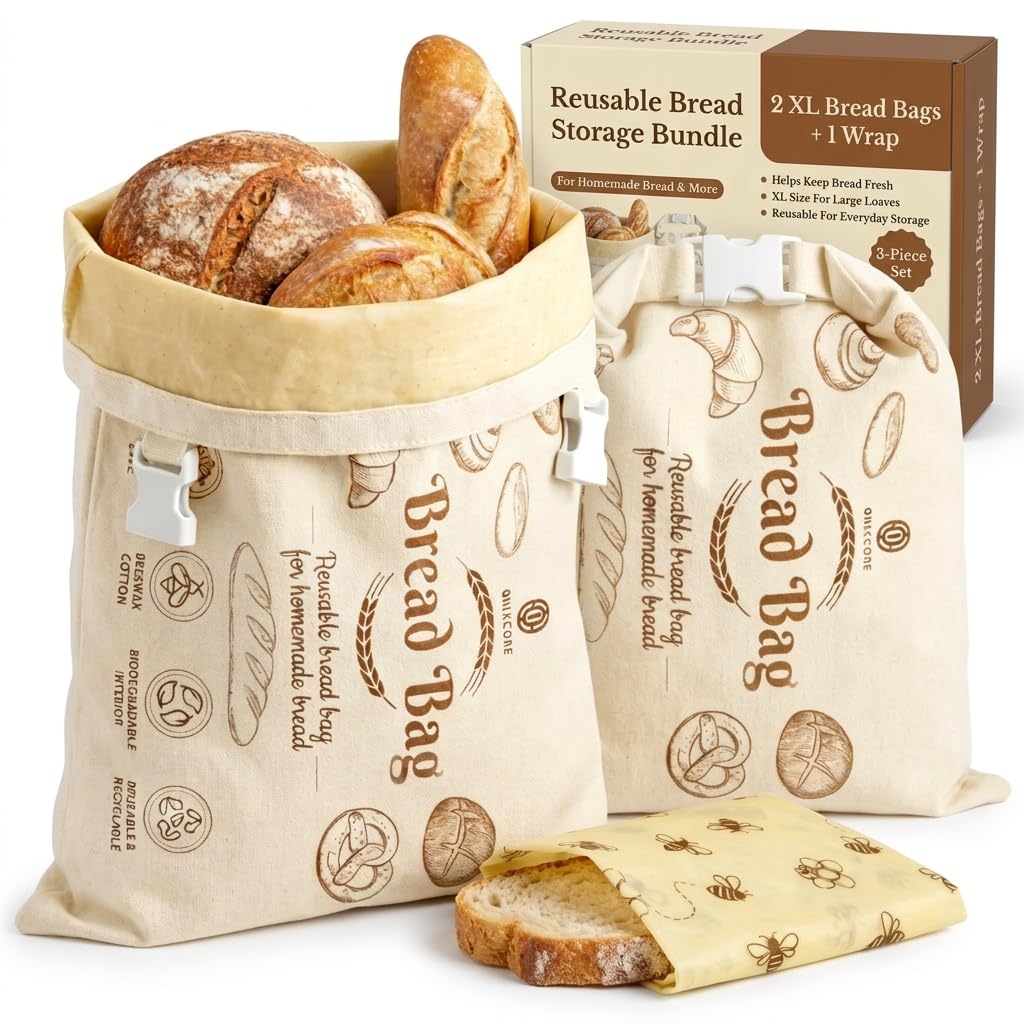 3 Pack Cotton Beeswax Bread Bags for Sourdough - 2XL Organic Reusable with Bees Wax Lining & Buckle Closure + 1 Beeswax Wrap, Wax Cloth Bread Bags & Freezer Safe, Eco-Friendly & Easy to Clean