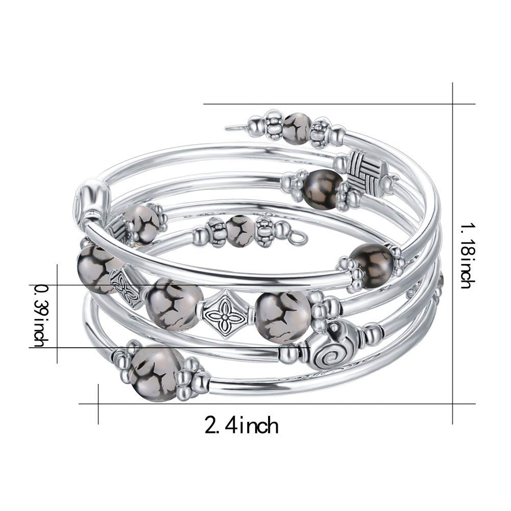 Beaded Pearl Bangle Wrap Bracelet - Fashion Bohemian Jewelry Multilayer Charm Bracelet with Thick Silver Metal Beads, Gift For Women(Grey)