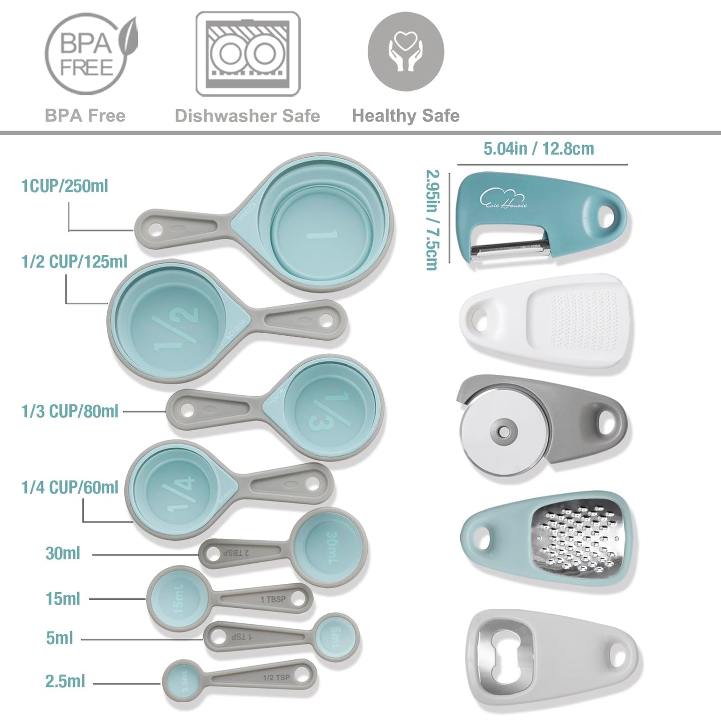 Kitchen Gadgets Set 13 Piece, Space Saving Cooking Tools Includes Cheese Grater, Pizza Cutter, Peeler, Bottle Opener, Garlic Grinder, Collapsible Measuring Cups Spoons for Small Kitchen RV Camp