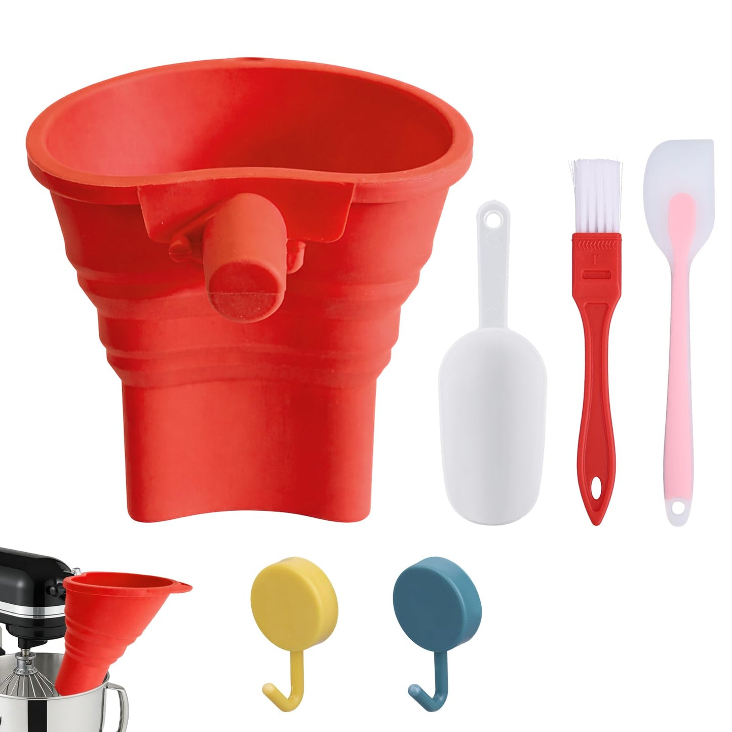 Foldable Flour Funnel, Silicone Pouring Chute Baking Funnel Attachment with Scoop Cleaning Brush Hanging Hooks Kitchen Stand Mixer Accessories for Flour Sugar Liquids, Dishwasher Safe