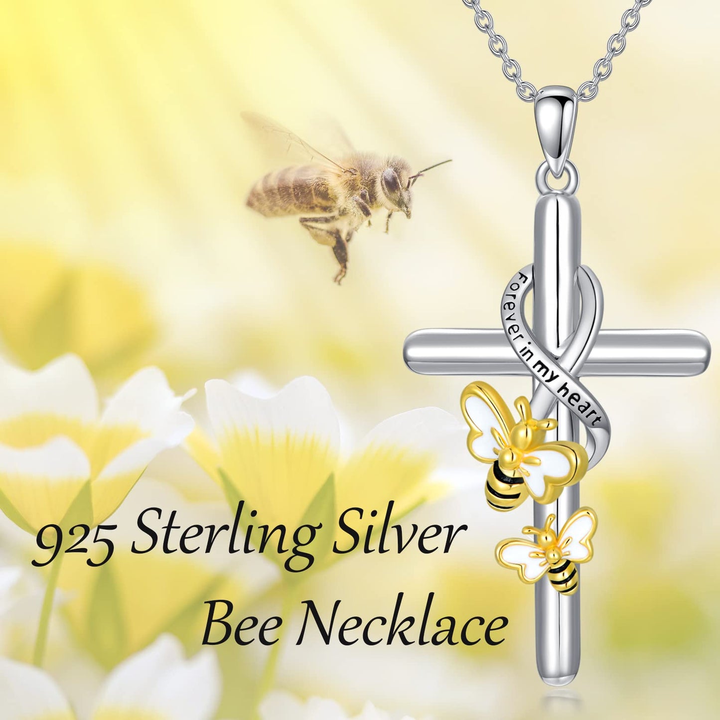 Flpruy Bumble Bee Cross Necklace 925 Sterling Silver Bee Gifts Jewelry for Women
