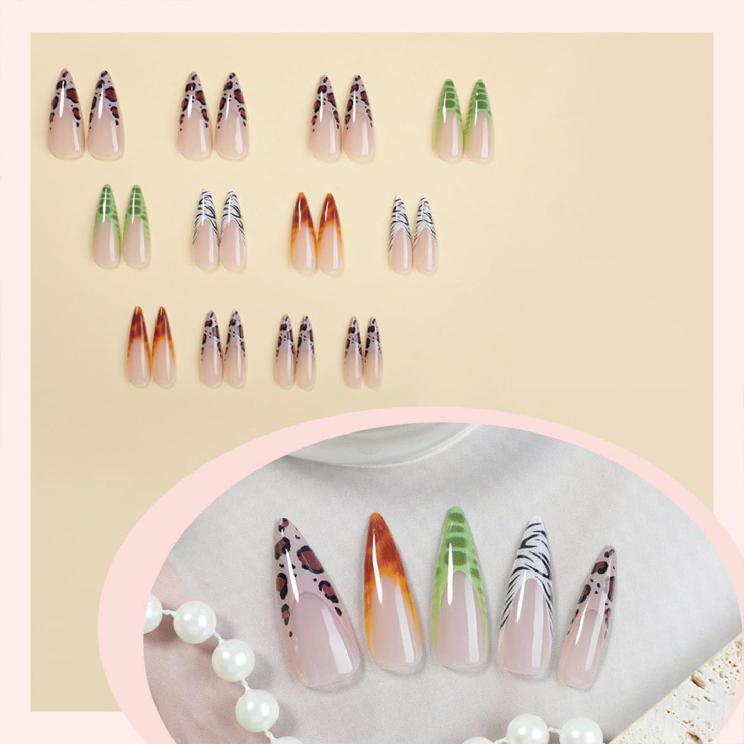SINHOT Stiletto Press on Nails - Long Fake Nails, Glossy Leopard Print & Ombre French Tip Design, DIY Nail Art - 24 Pcs Nail Kit with Glue