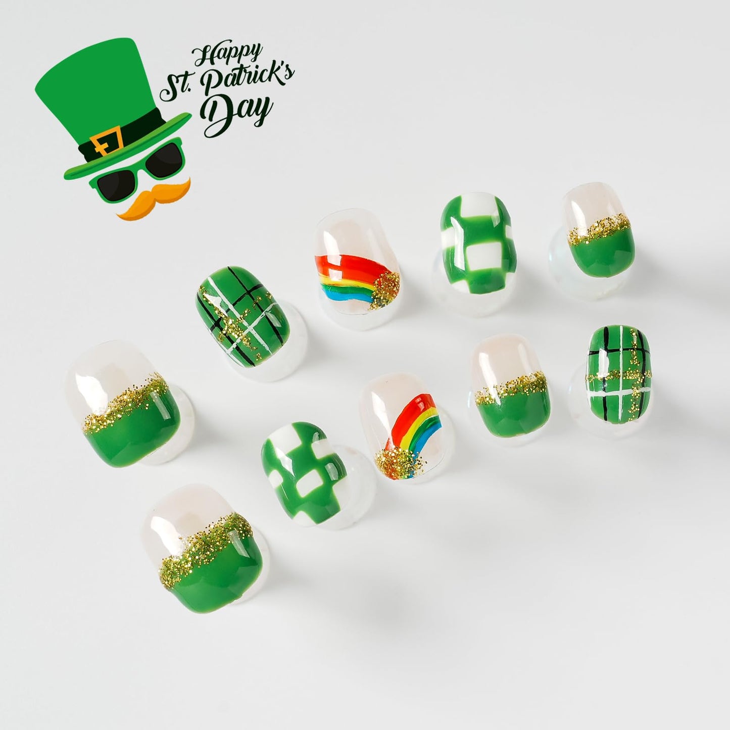 Tesytto Extra Short Press On Nails - Nude Base with Green French Tips & Gold Glitter, Hand-Painted Plaid & Rainbow,Easy to Apply & Remove (Size S)