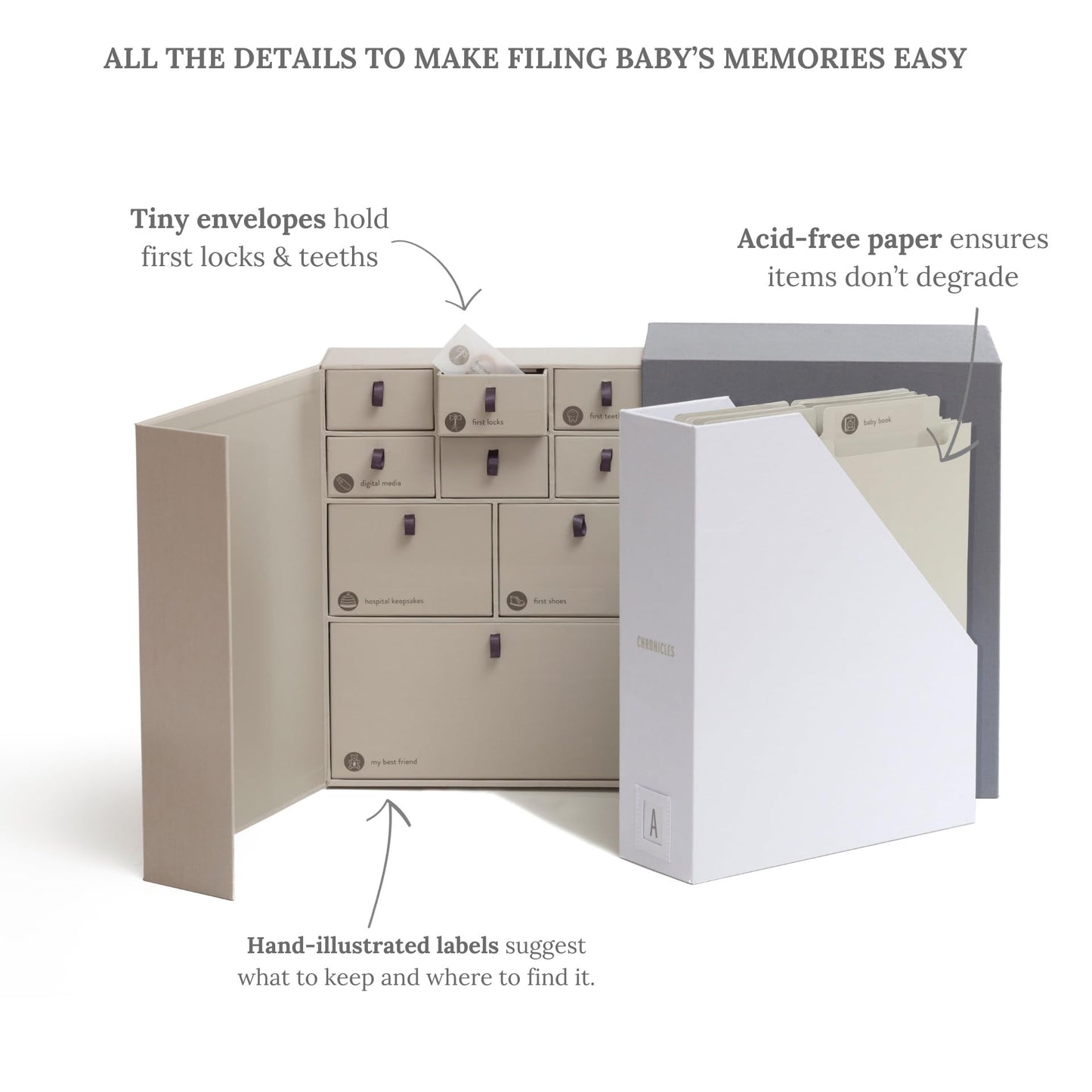 Savor I Baby Deluxe Box | Acid-Free Newborn Keepsake & Memory Organizer with 52 Labels, 9 Drawers, 8 File Folders | Mother’s Day Gift for Pregnancy, Mom & Baby Shower, Slate, No Customization